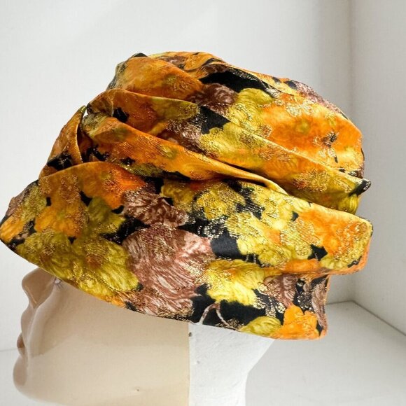 Vintage Custom Made Floral Orange Brown Gold Lurex Pill Box Hat M - Picture 4 of 11